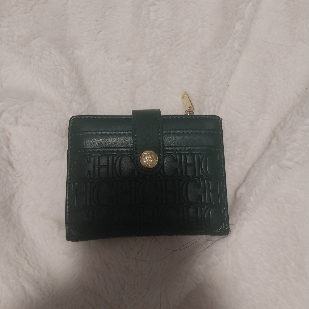 Carolina Herrera Dark Green Embossed Compact Wallet with Gold Button